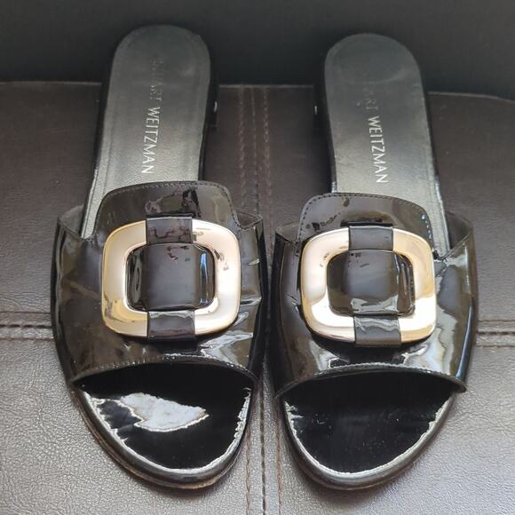 Stuart Weitzman Odeon Patent Leather Black Buckle Slide On Sandal - Picture 2 of 5